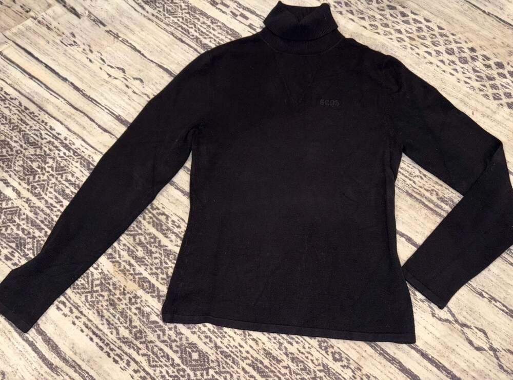 BCBGMAXAZRIA Women's Black Turtle Neck Knit Sweater with Logo Embroidery